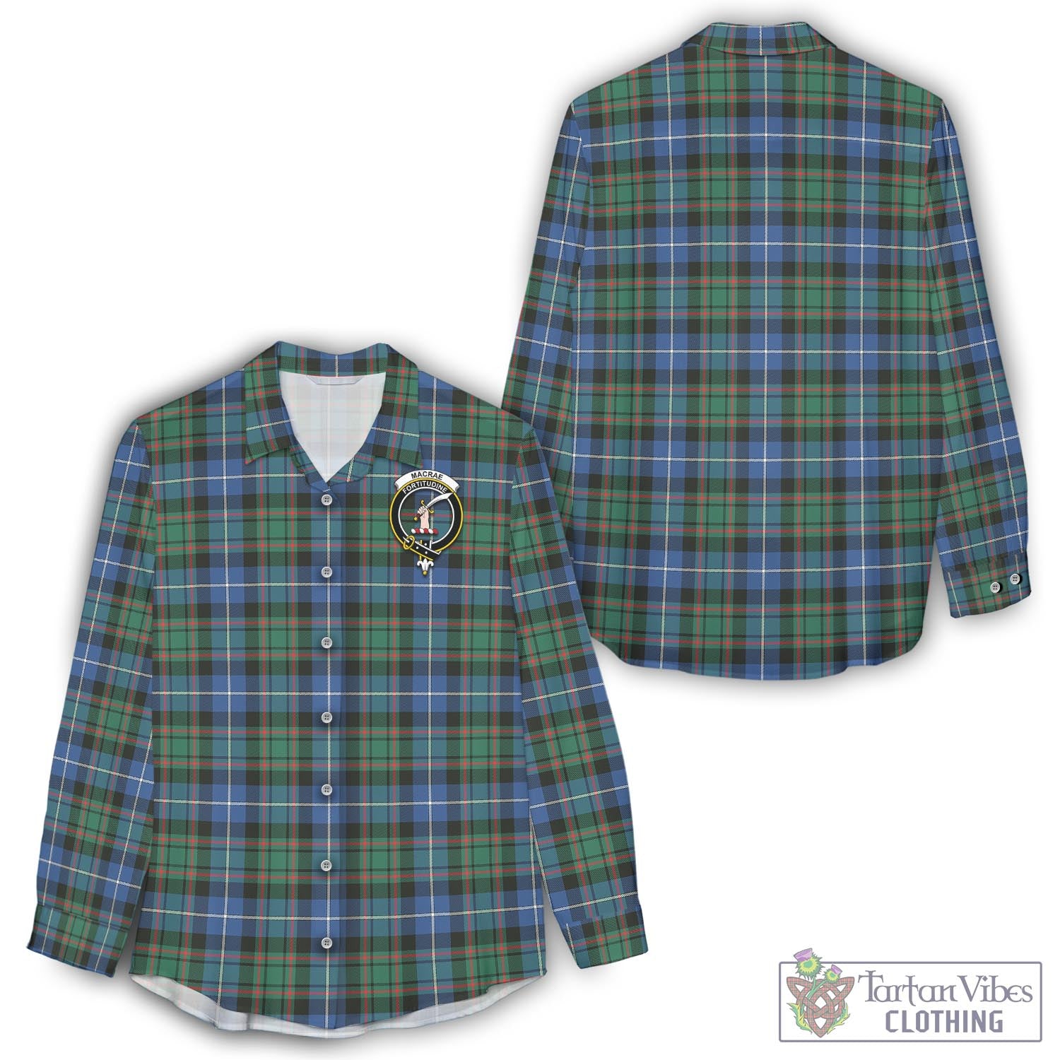 Tartan Vibes Clothing MacRae Hunting Ancient Tartan Womens Casual Shirt with Family Crest