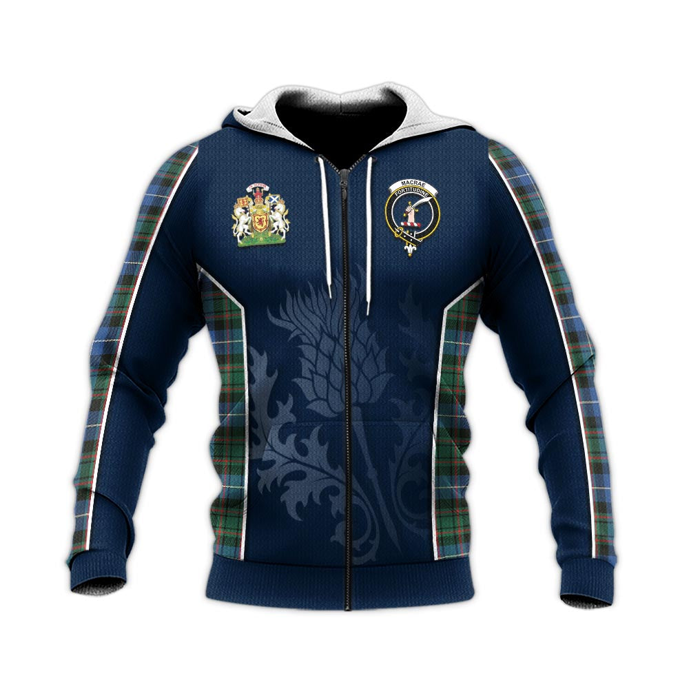 Tartan Vibes Clothing MacRae Hunting Ancient Tartan Knitted Hoodie with Family Crest and Scottish Thistle Vibes Sport Style