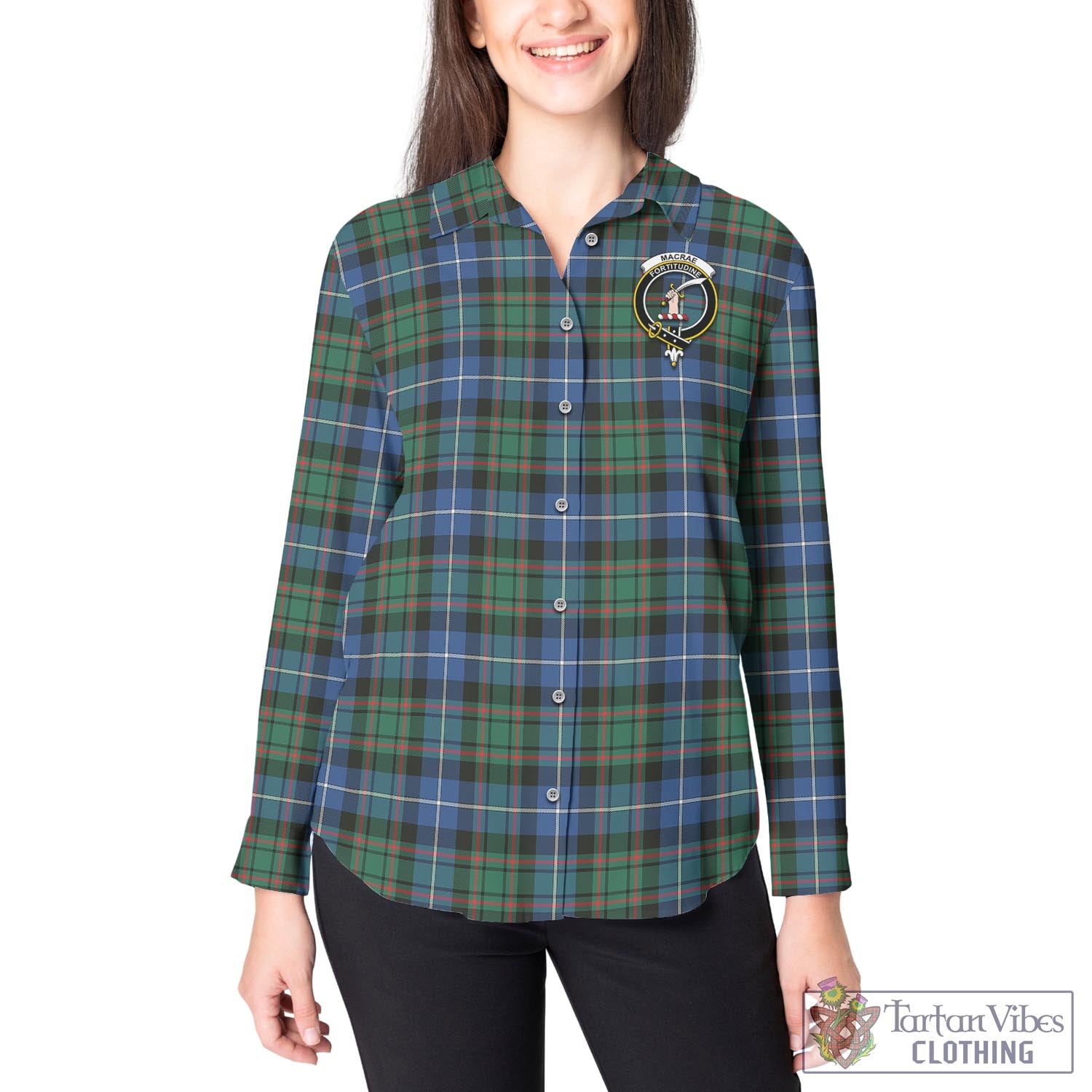 Tartan Vibes Clothing MacRae Hunting Ancient Tartan Womens Casual Shirt with Family Crest