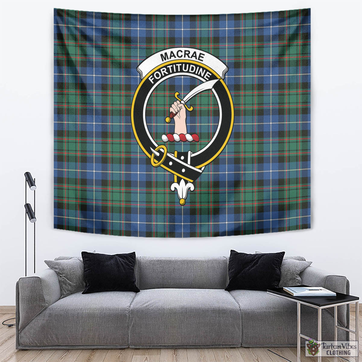 Tartan Vibes Clothing MacRae Hunting Ancient Tartan Tapestry Wall Hanging and Home Decor for Room with Family Crest