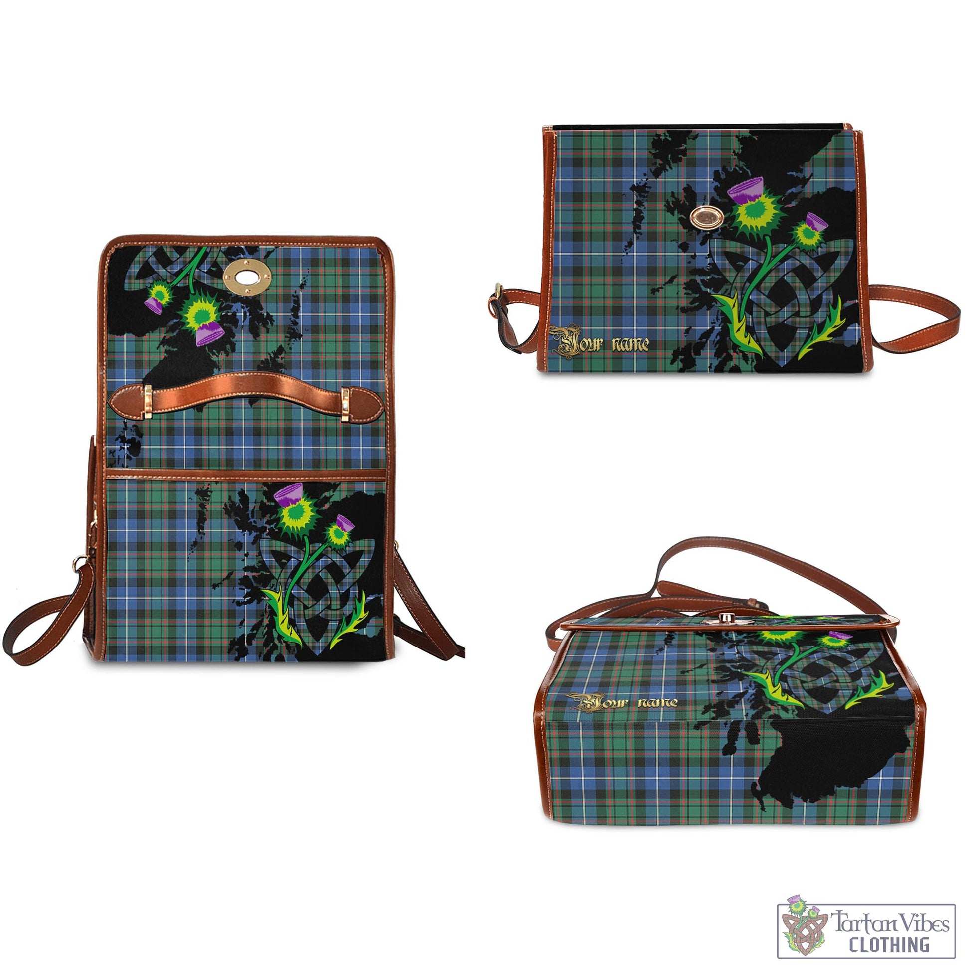 Tartan Vibes Clothing MacRae Hunting Ancient Tartan Waterproof Canvas Bag with Scotland Map and Thistle Celtic Accents