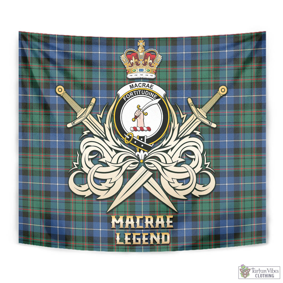 Tartan Vibes Clothing MacRae Hunting Ancient Tartan Tapestry with Clan Crest and the Golden Sword of Courageous Legacy