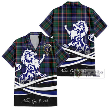 MacRae Hunting Modern Tartan Short Sleeve Button Shirt with Alba Gu Brath Regal Lion Emblem