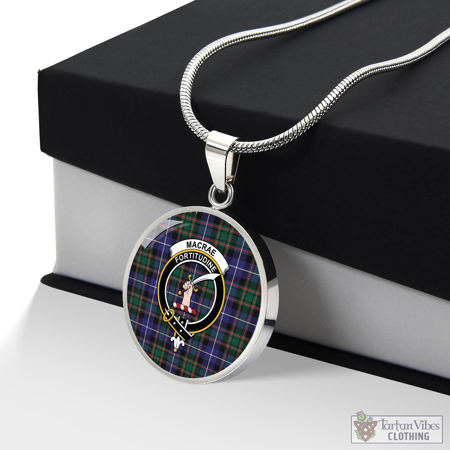 Tartan Vibes Clothing MacRae Hunting Modern Tartan Circle Necklace with Family Crest