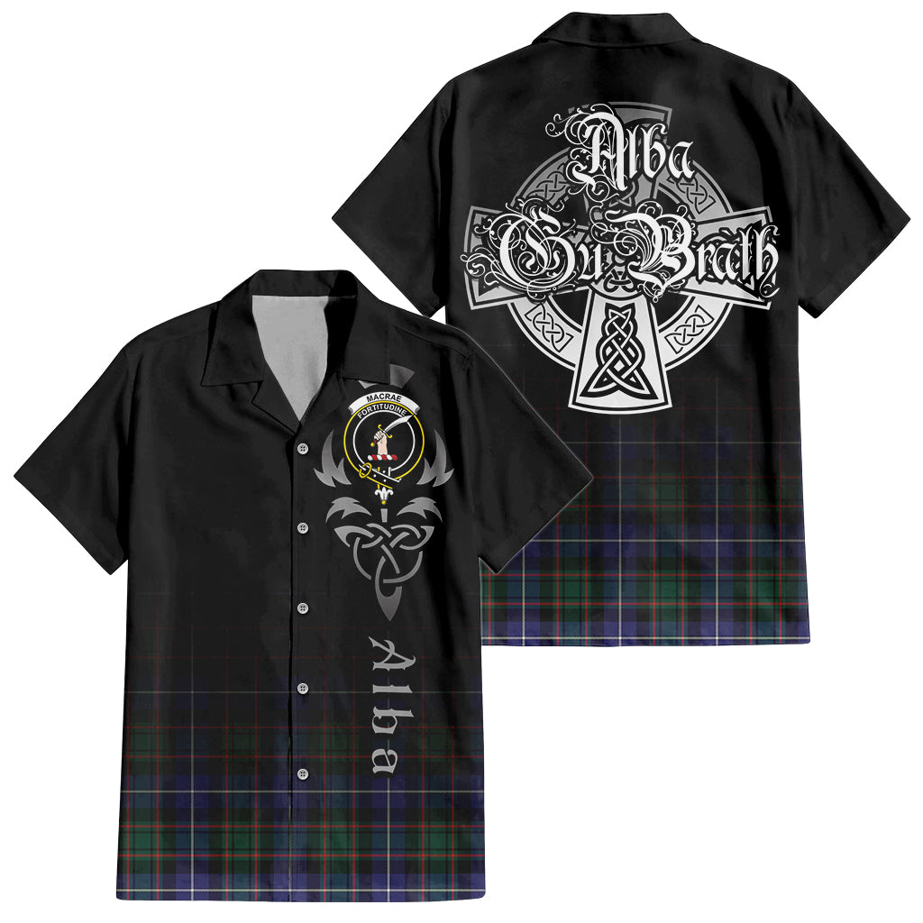 Tartan Vibes Clothing MacRae Hunting Modern Tartan Short Sleeve Button Up Featuring Alba Gu Brath Family Crest Celtic Inspired