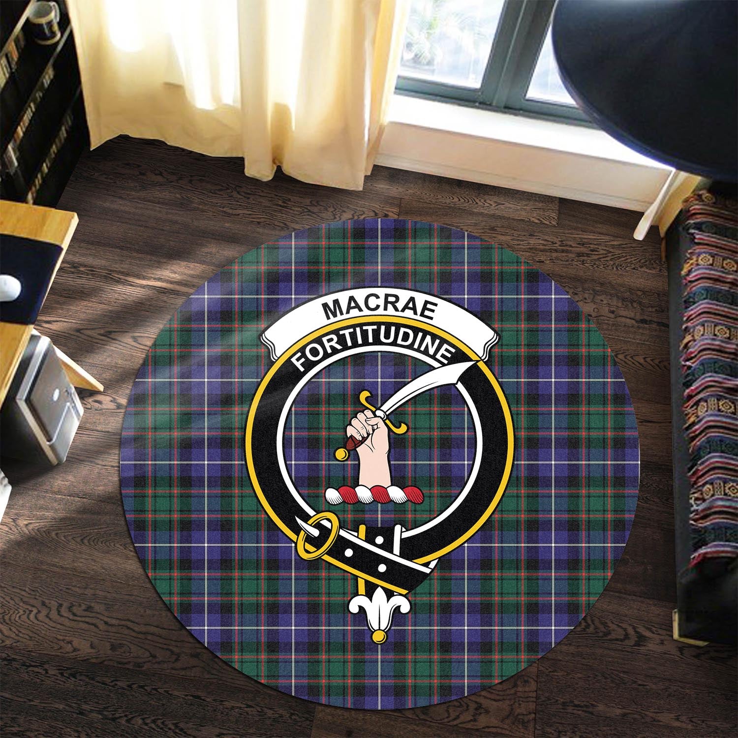 macrae-hunting-modern-tartan-round-rug-with-family-crest