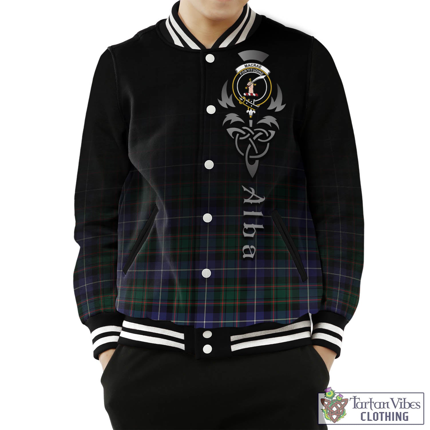 Tartan Vibes Clothing MacRae Hunting Modern Tartan Baseball Jacket Featuring Alba Gu Brath Family Crest Celtic Inspired