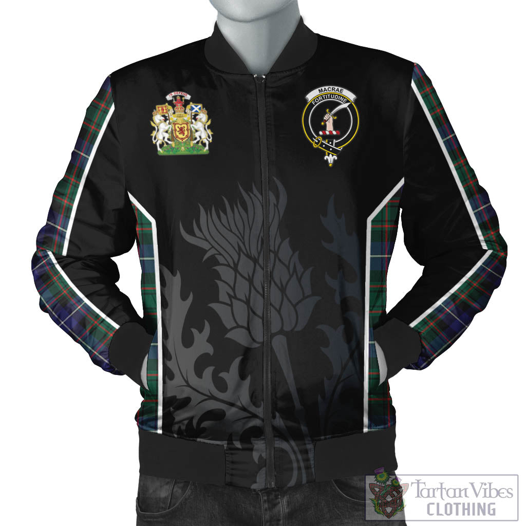 Tartan Vibes Clothing MacRae Hunting Modern Tartan Bomber Jacket with Family Crest and Scottish Thistle Vibes Sport Style