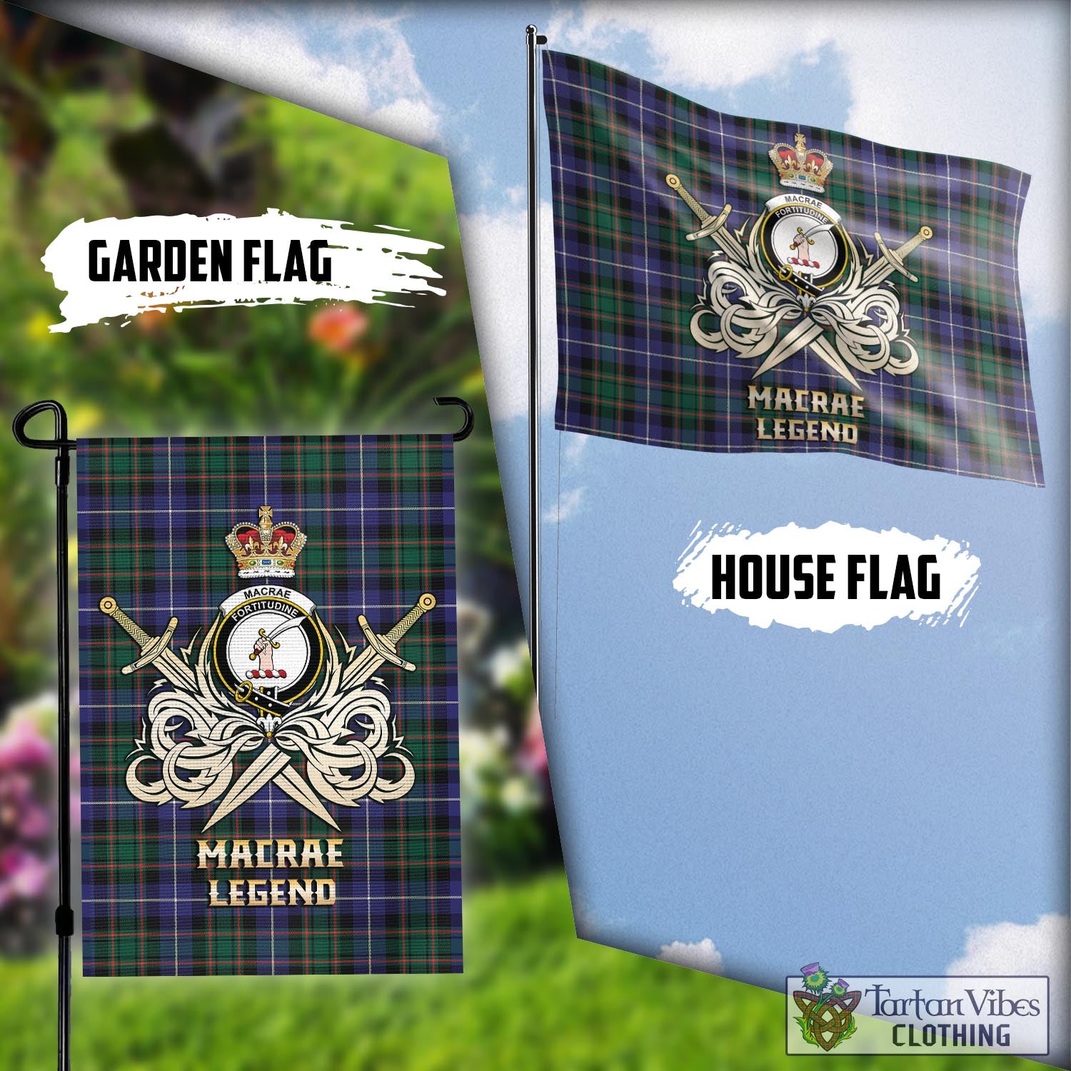 Tartan Vibes Clothing MacRae Hunting Modern Tartan Flag with Clan Crest and the Golden Sword of Courageous Legacy