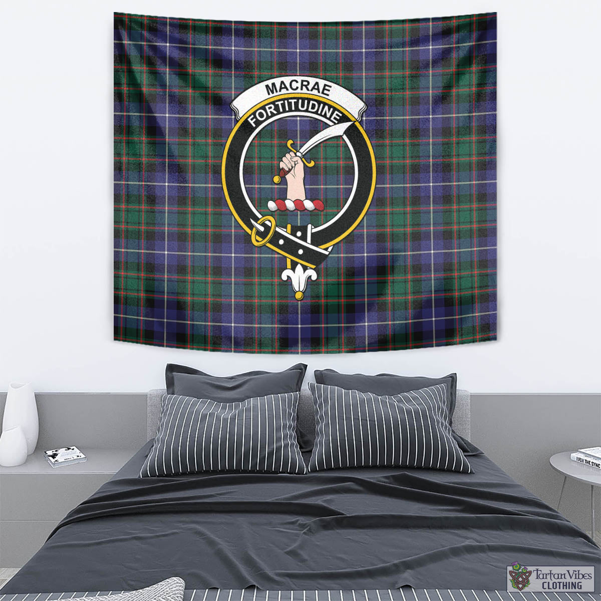 Tartan Vibes Clothing MacRae Hunting Modern Tartan Tapestry Wall Hanging and Home Decor for Room with Family Crest