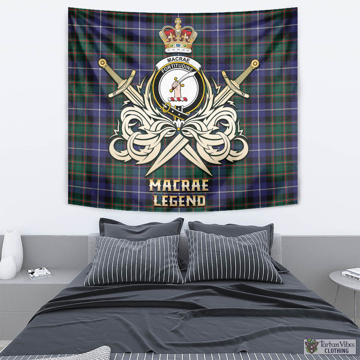 Tartan Vibes Clothing MacRae Hunting Modern Tartan Tapestry with Clan Crest and the Golden Sword of Courageous Legacy