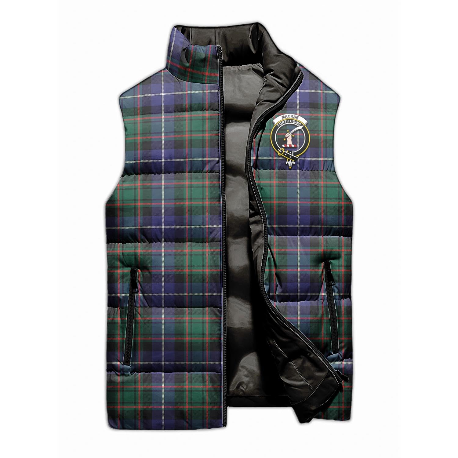 MacRae Hunting Modern Tartan Sleeveless Puffer Jacket with Family Crest - Tartanvibesclothing