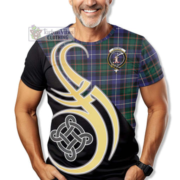 MacRae Hunting Modern Tartan T-Shirt with Family Crest and Celtic Symbol Style