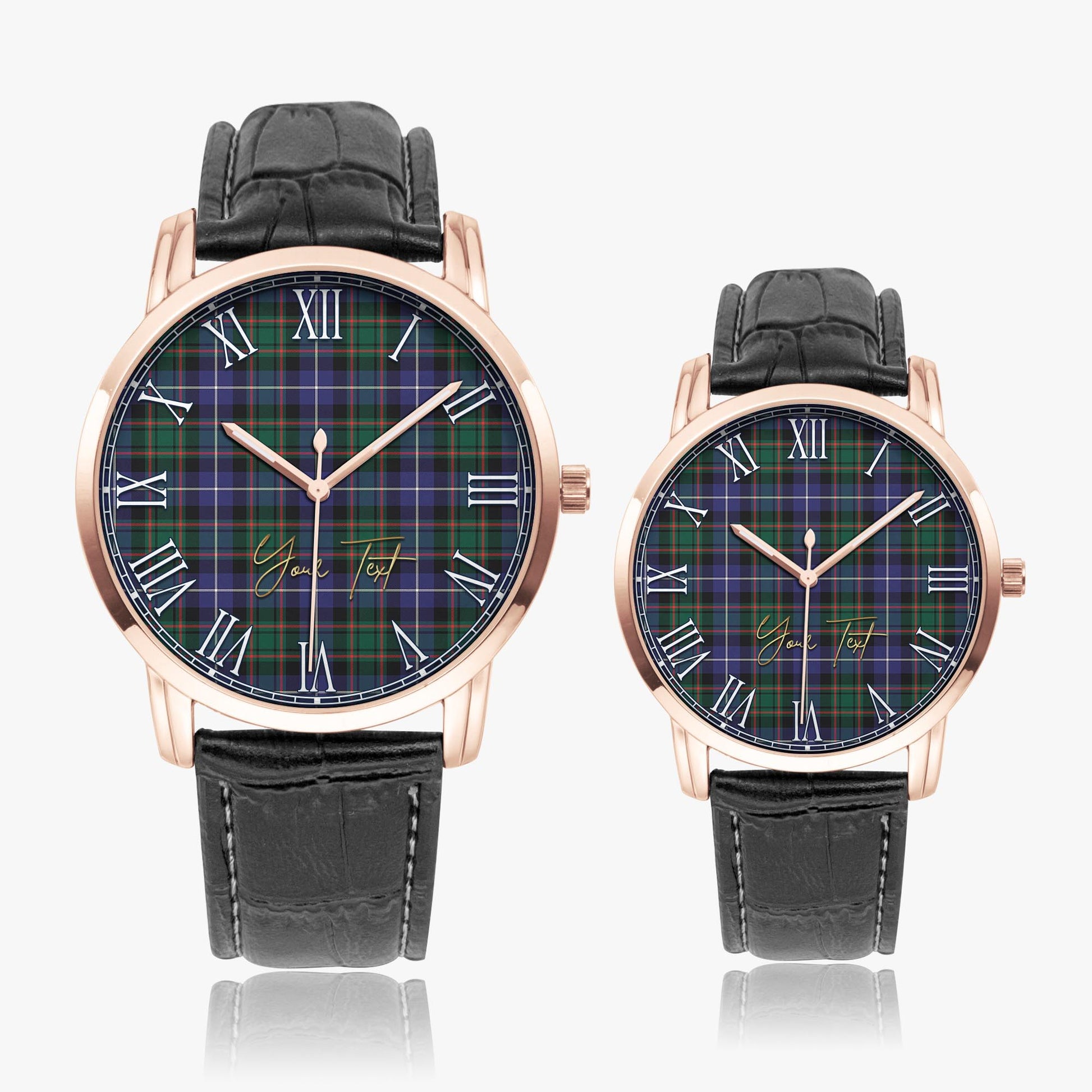 MacRae Hunting Modern Tartan Personalized Your Text Leather Trap Quartz Watch Wide Type Rose Gold Case With Black Leather Strap - Tartanvibesclothing