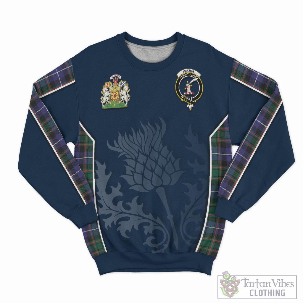 Tartan Vibes Clothing MacRae Hunting Modern Tartan Sweatshirt with Family Crest and Scottish Thistle Vibes Sport Style