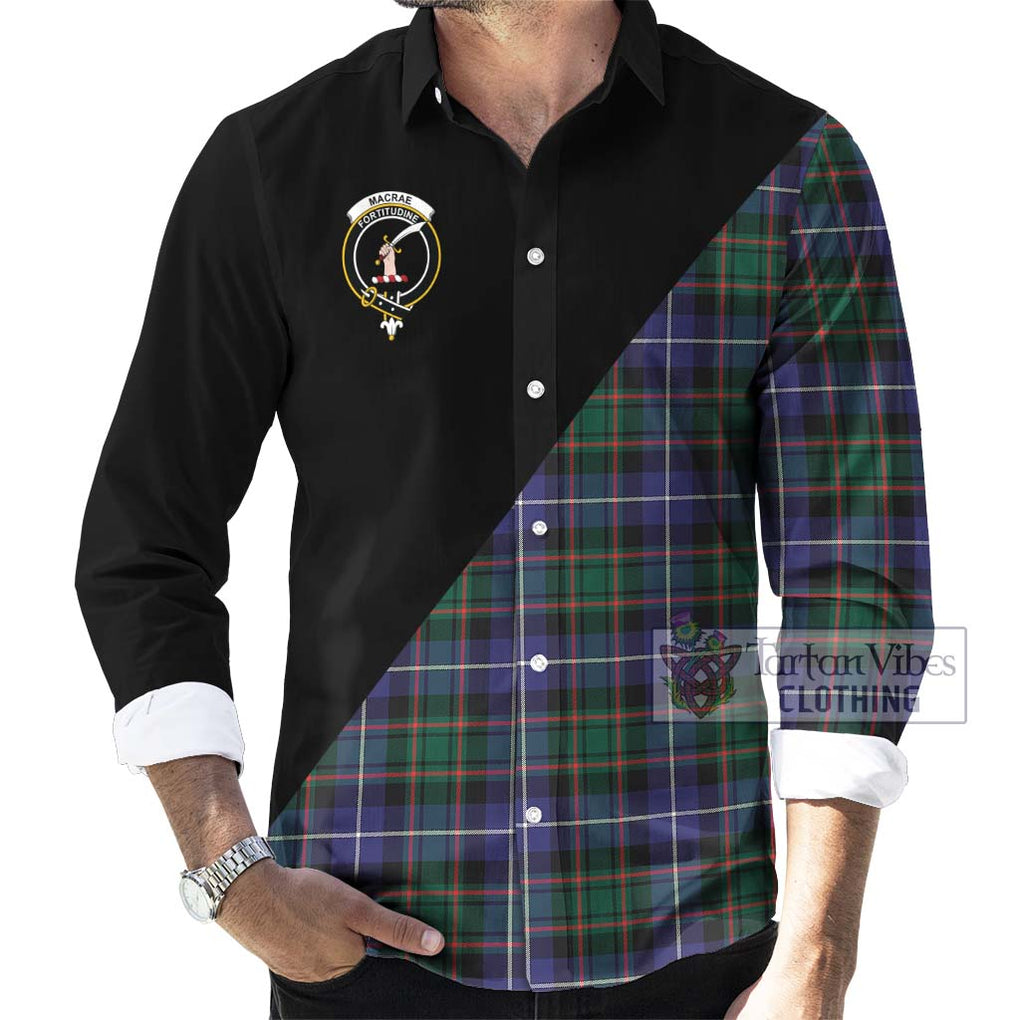 MacRae Hunting Modern Tartan Long Sleeve Button Shirt with Family Crest and Military Logo Style - Tartanvibesclothing Shop