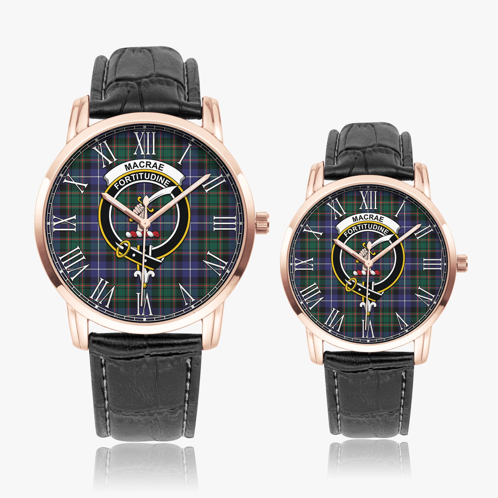 MacRae Hunting Modern Tartan Family Crest Leather Strap Quartz Watch - Tartanvibesclothing