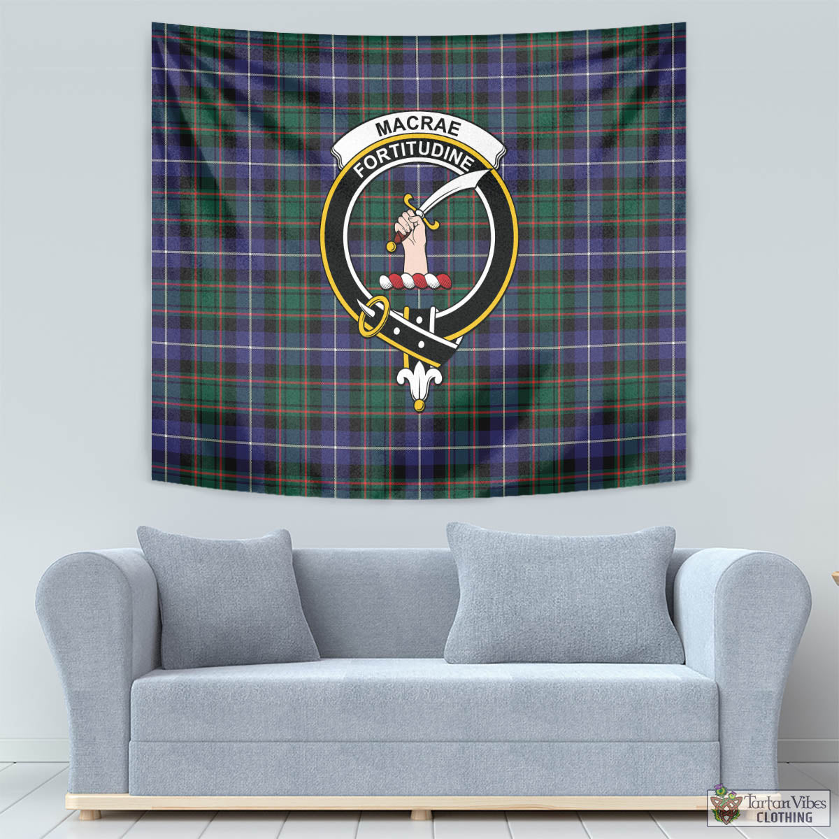 Tartan Vibes Clothing MacRae Hunting Modern Tartan Tapestry Wall Hanging and Home Decor for Room with Family Crest