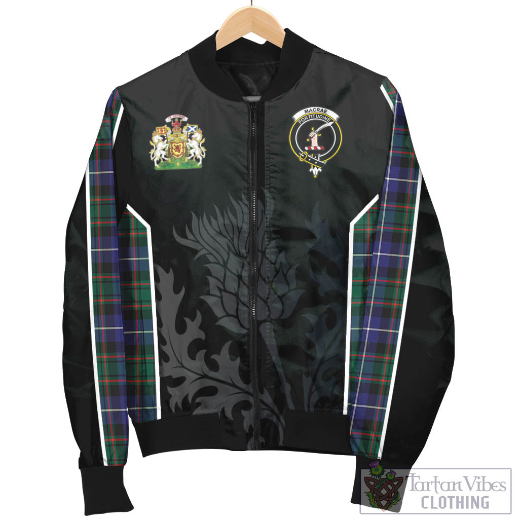 Tartan Vibes Clothing MacRae Hunting Modern Tartan Bomber Jacket with Family Crest and Scottish Thistle Vibes Sport Style