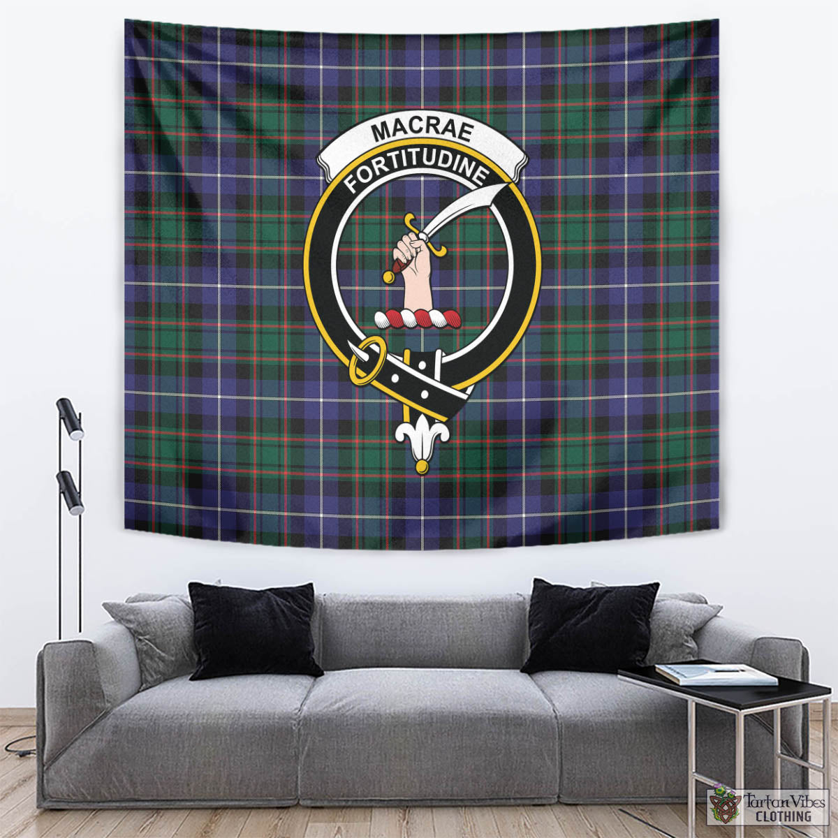 Tartan Vibes Clothing MacRae Hunting Modern Tartan Tapestry Wall Hanging and Home Decor for Room with Family Crest