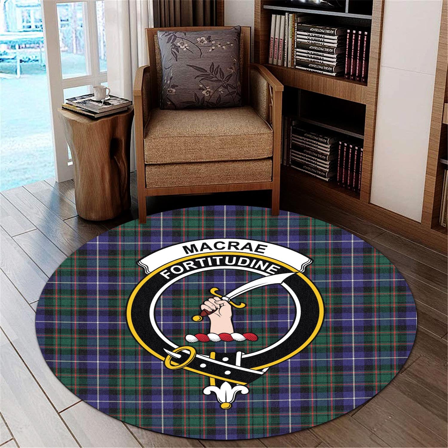 macrae-hunting-modern-tartan-round-rug-with-family-crest