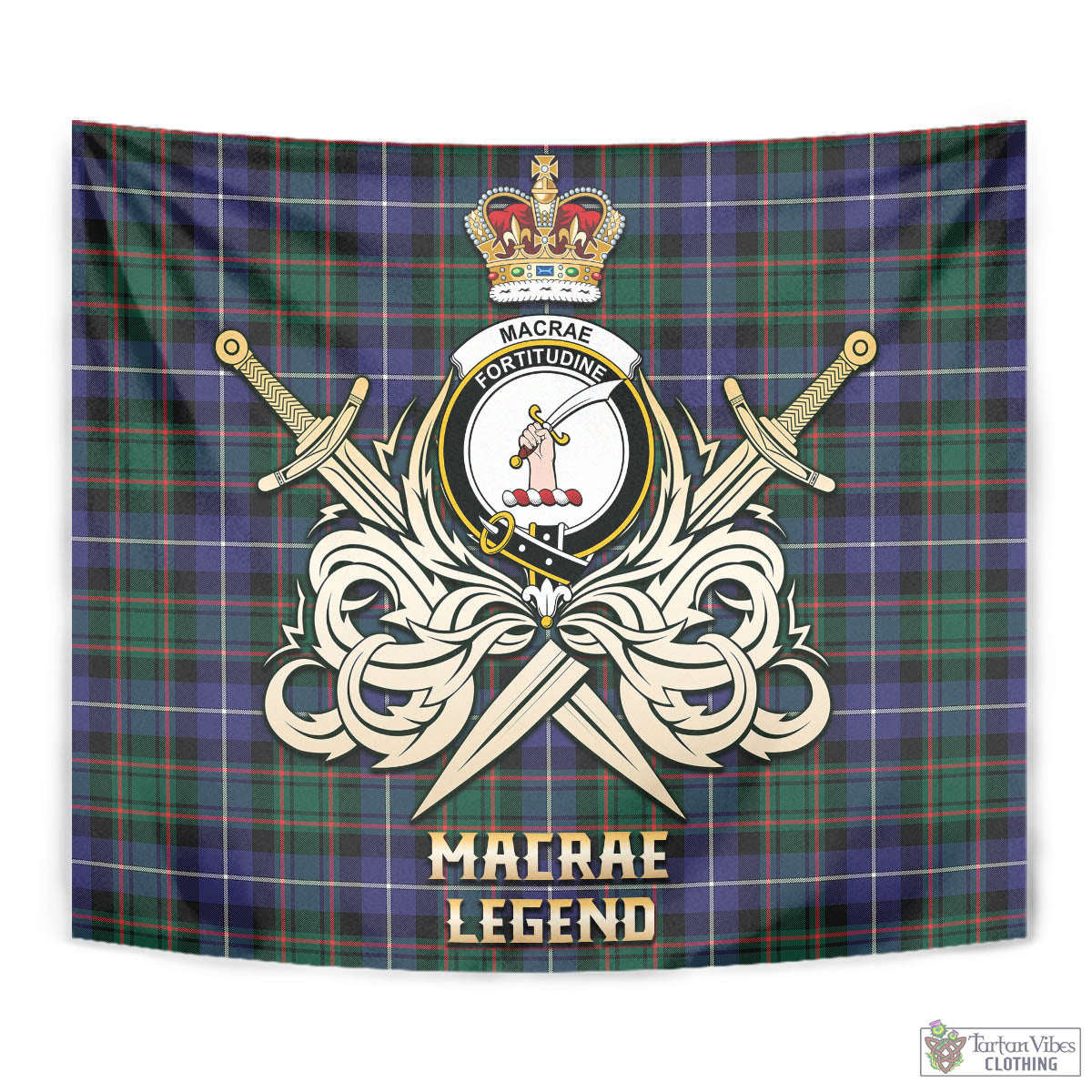 Tartan Vibes Clothing MacRae Hunting Modern Tartan Tapestry with Clan Crest and the Golden Sword of Courageous Legacy