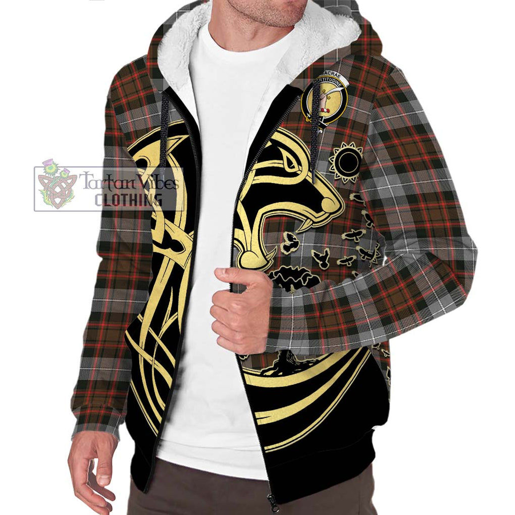 MacRae Hunting Weathered Tartan Sherpa Hoodie with Family Crest Celtic Wolf Style Unisex S - Tartan Vibes Clothing