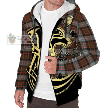 MacRae Hunting Weathered Tartan Sherpa Hoodie with Family Crest Celtic Wolf Style