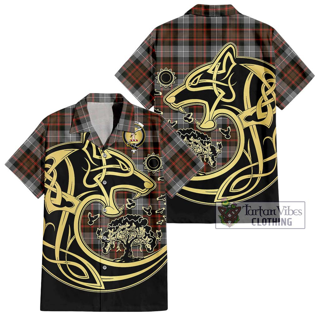 MacRae Hunting Weathered Tartan Short Sleeve Button Shirt with Family Crest Celtic Wolf Style Kid - Tartan Vibes Clothing