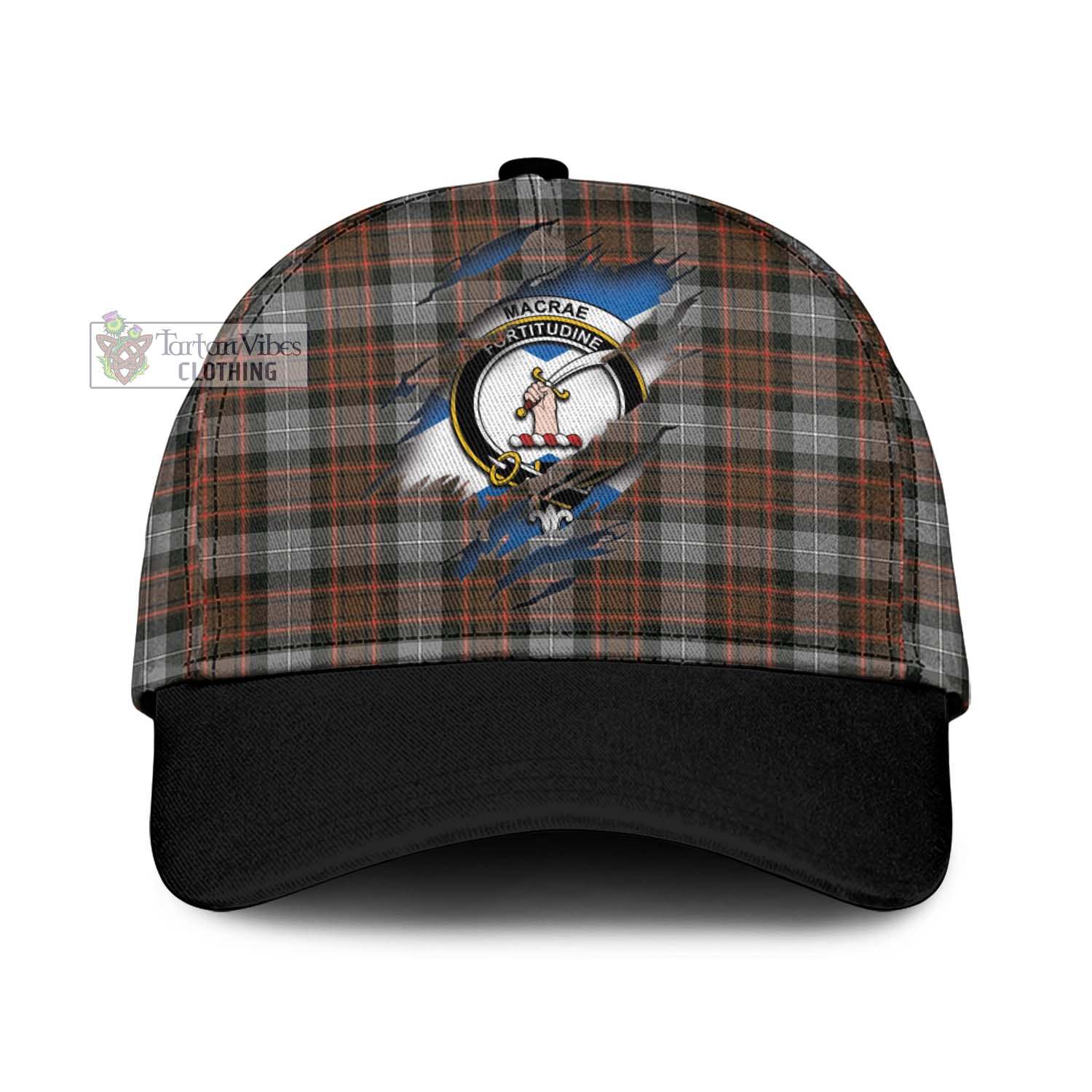 Tartan Vibes Clothing MacRae Hunting Weathered Tartan Classic Cap with Family Crest In Me Style