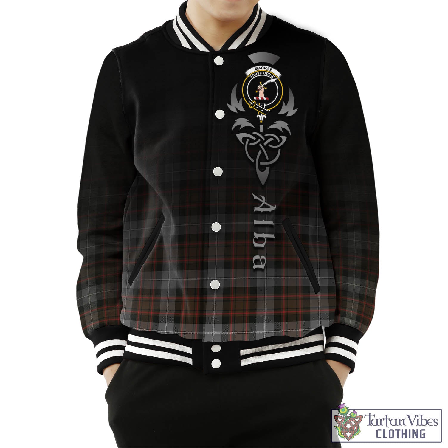 Tartan Vibes Clothing MacRae Hunting Weathered Tartan Baseball Jacket Featuring Alba Gu Brath Family Crest Celtic Inspired