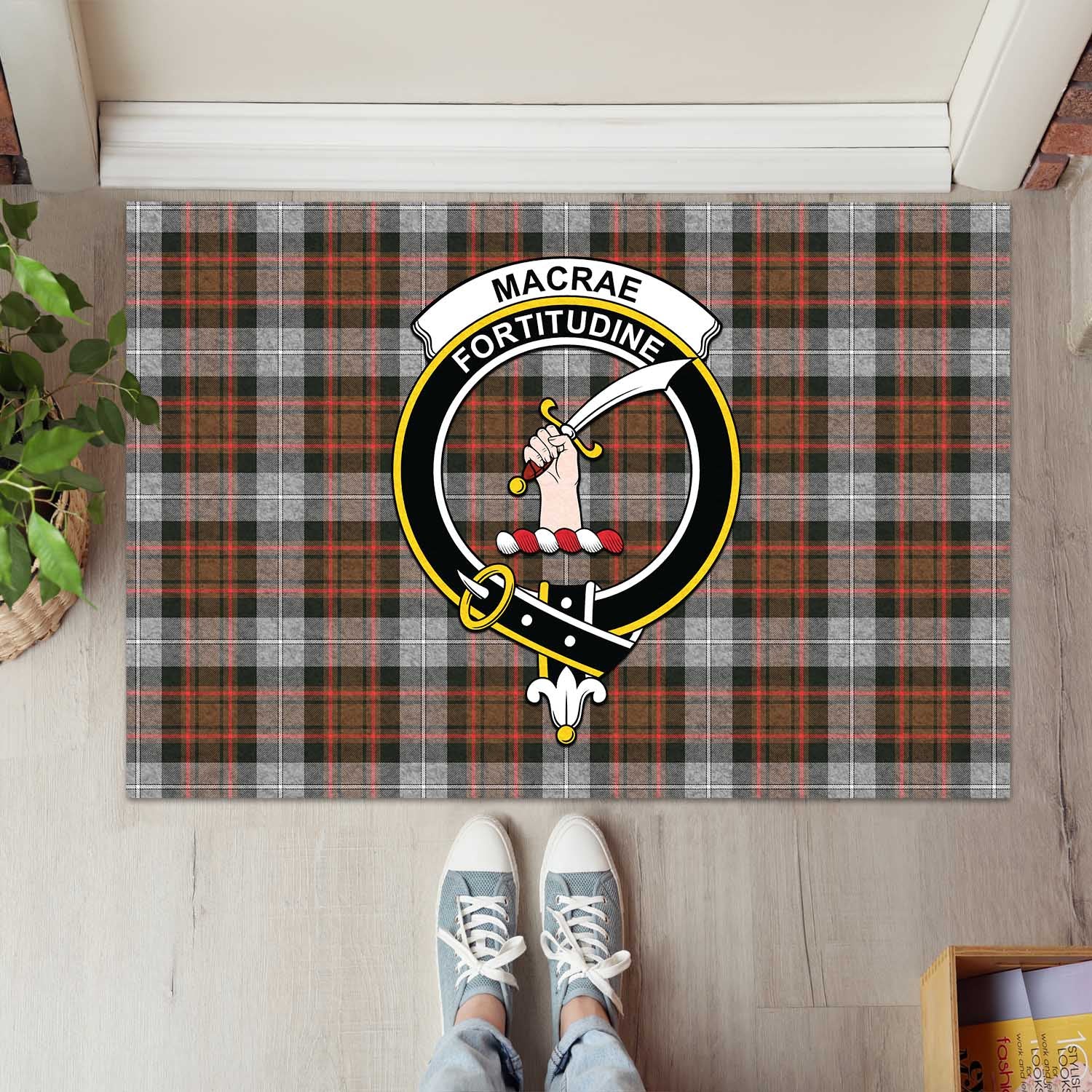 MacRae Hunting Weathered Tartan Door Mat with Family Crest - Tartanvibesclothing