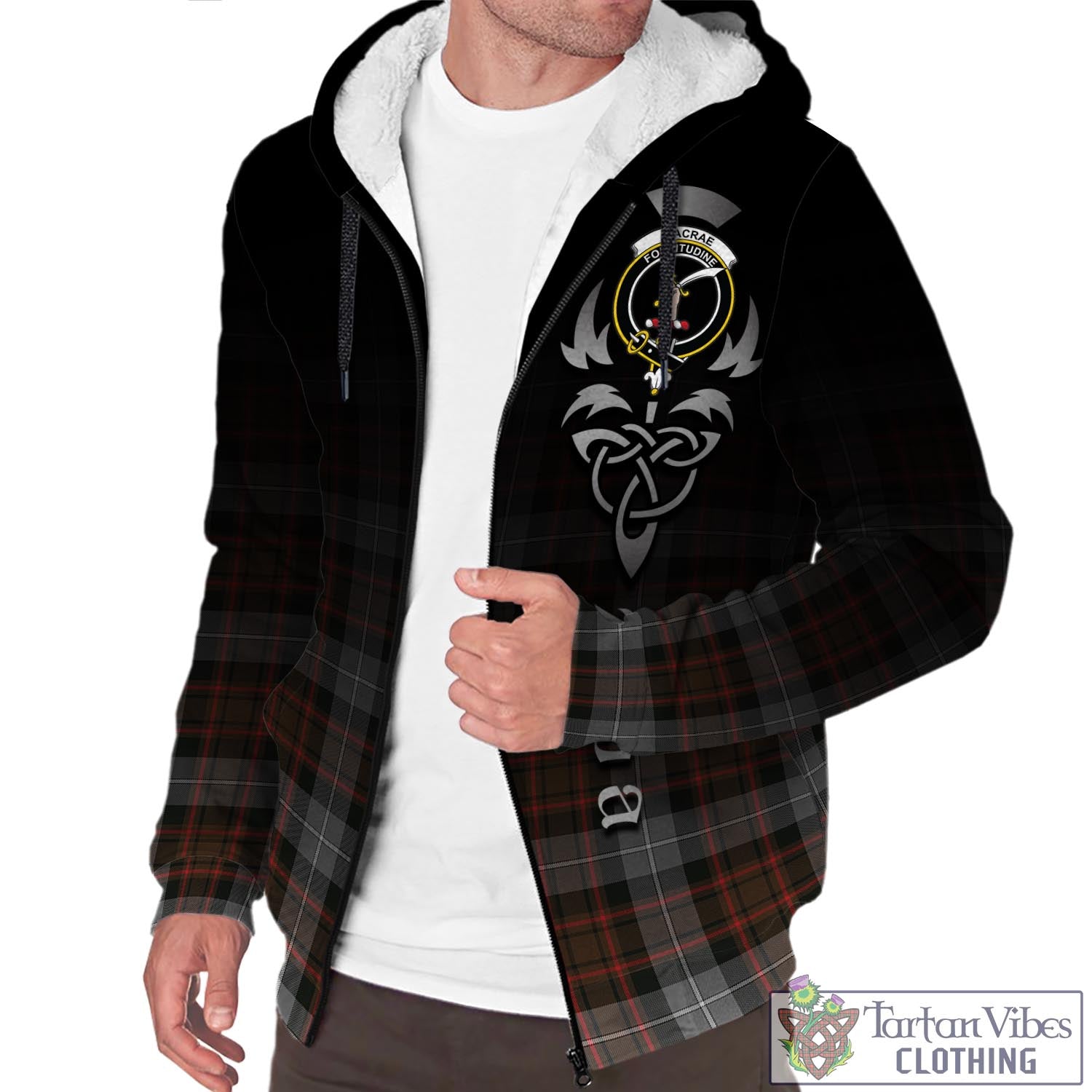 Tartan Vibes Clothing MacRae Hunting Weathered Tartan Sherpa Hoodie Featuring Alba Gu Brath Family Crest Celtic Inspired