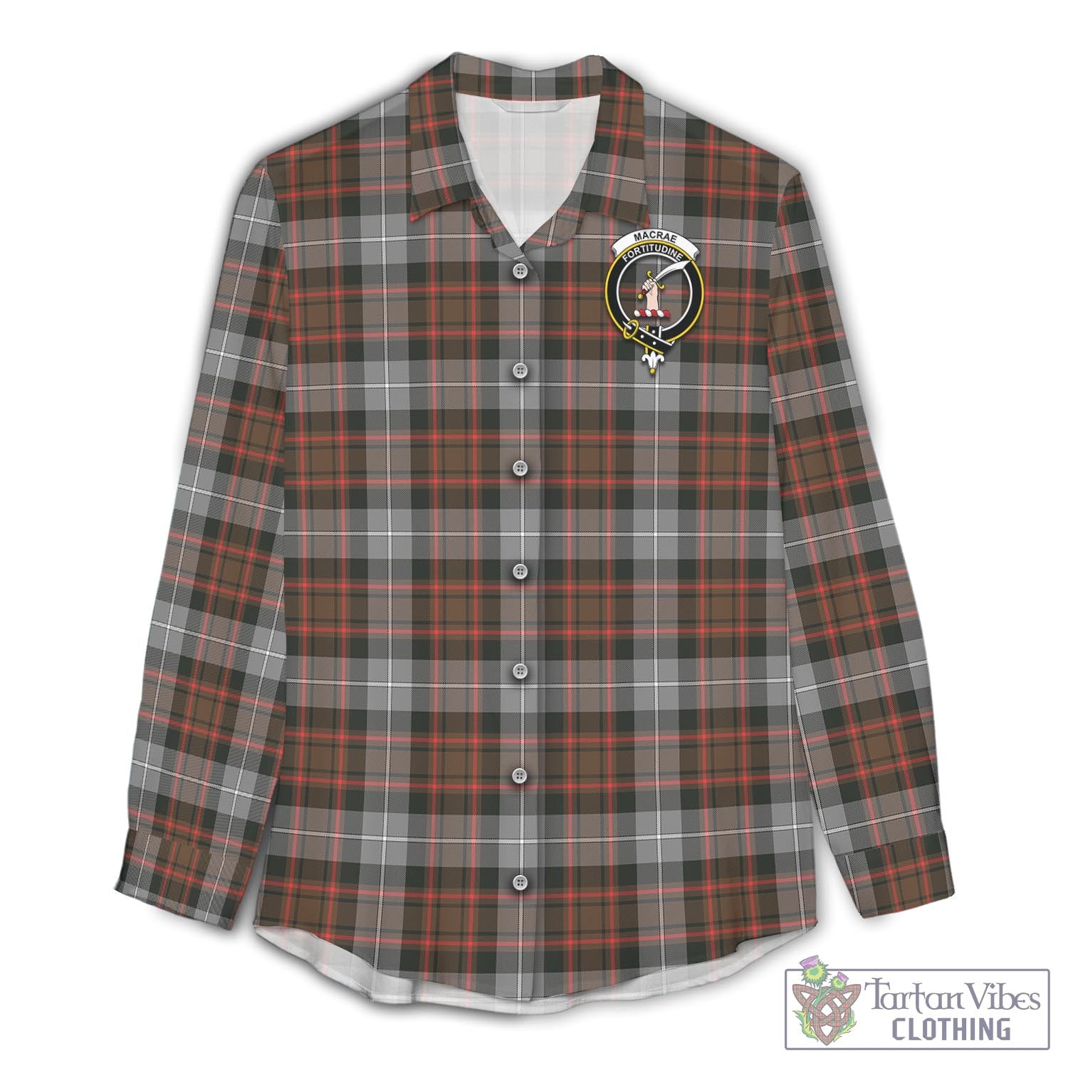 Tartan Vibes Clothing MacRae Hunting Weathered Tartan Womens Casual Shirt with Family Crest