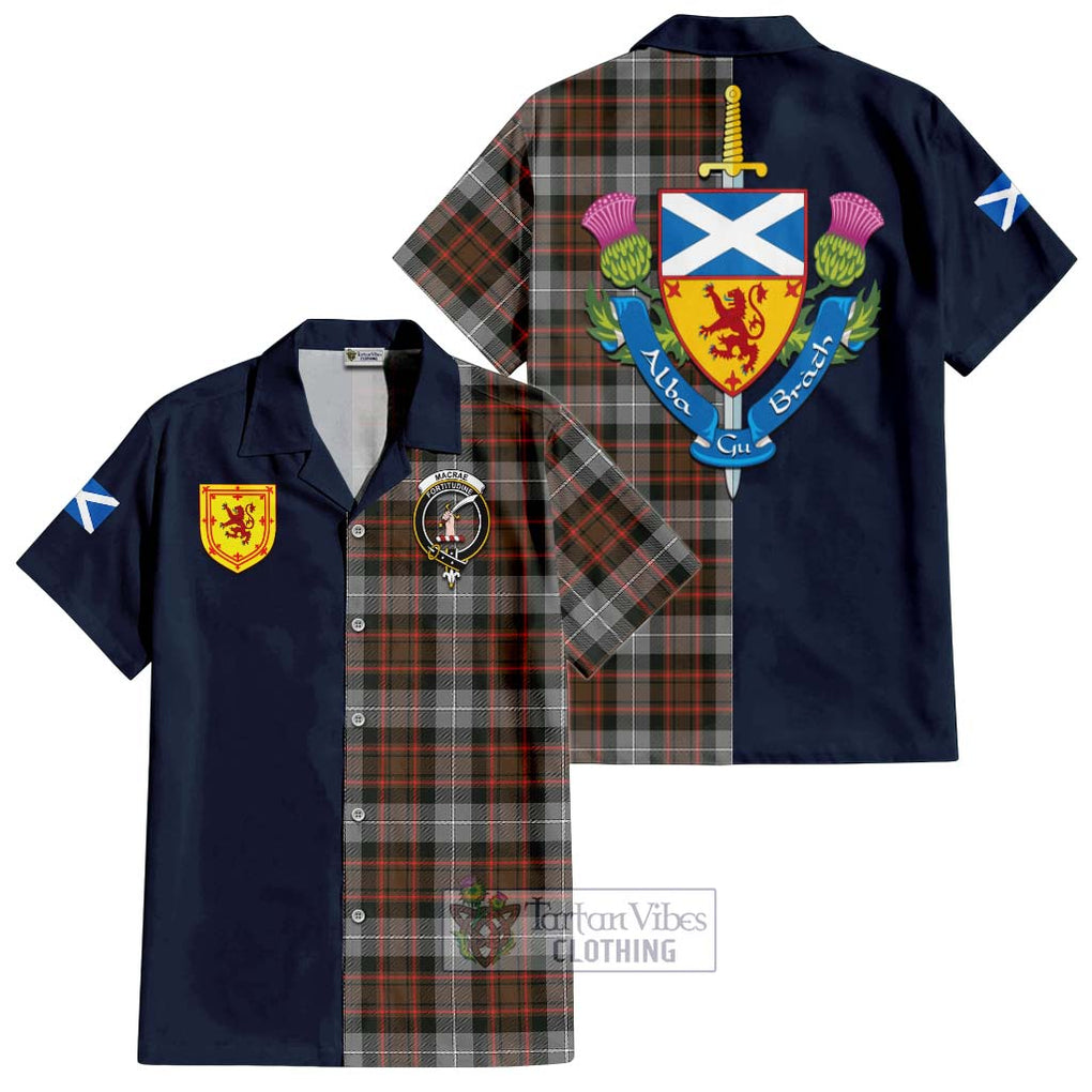 Tartan Vibes Clothing MacRae Hunting Weathered Tartan Short Sleeve Button Shirt with Scottish Lion Royal Arm Half Style