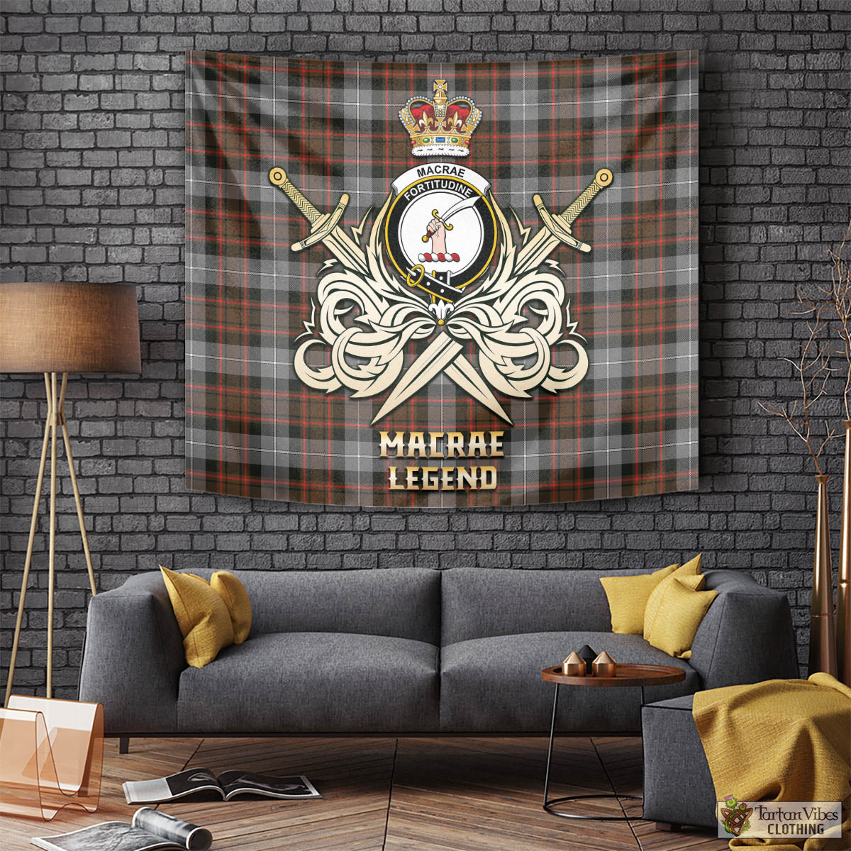 Tartan Vibes Clothing MacRae Hunting Weathered Tartan Tapestry with Clan Crest and the Golden Sword of Courageous Legacy