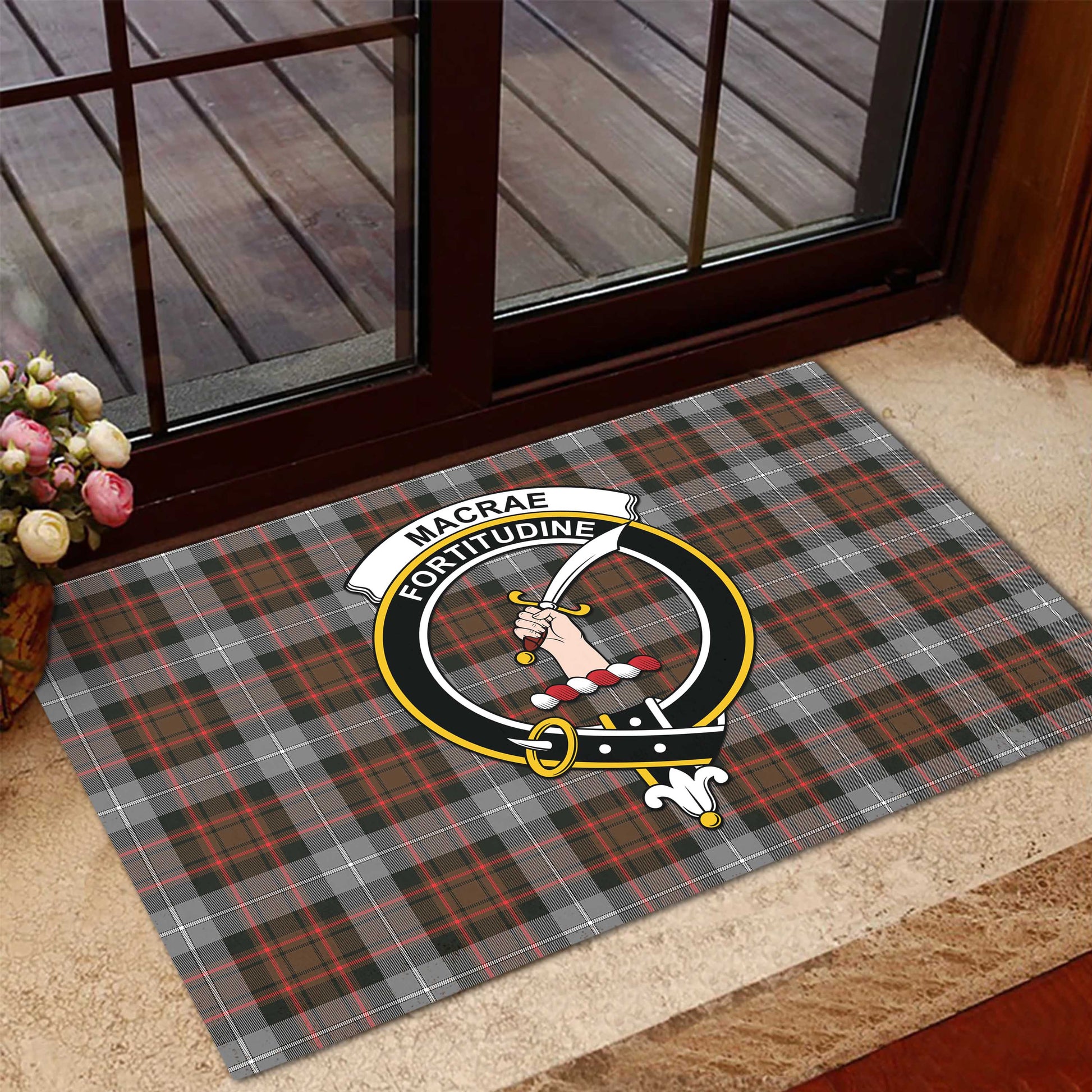 MacRae Hunting Weathered Tartan Door Mat with Family Crest - Tartanvibesclothing