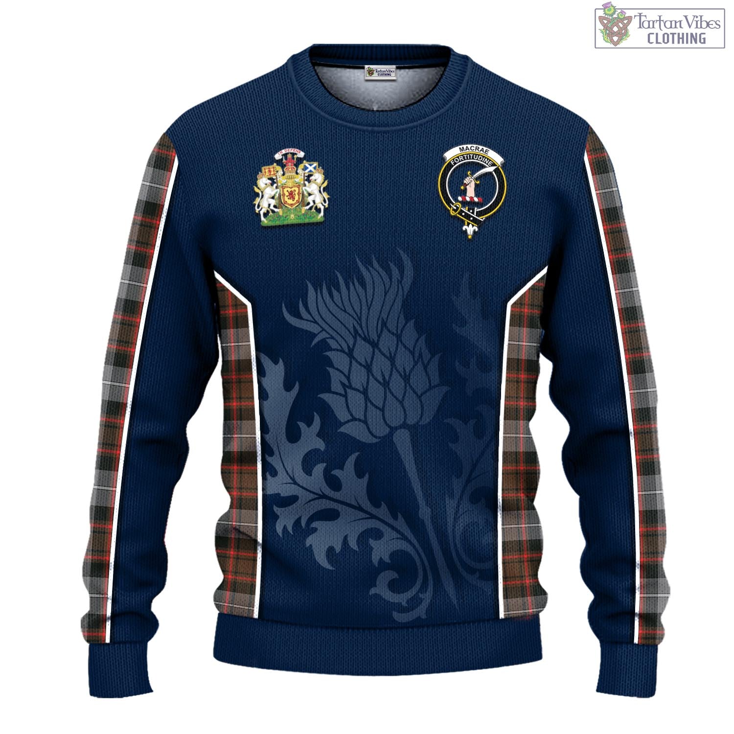 Tartan Vibes Clothing MacRae Hunting Weathered Tartan Knitted Sweatshirt with Family Crest and Scottish Thistle Vibes Sport Style