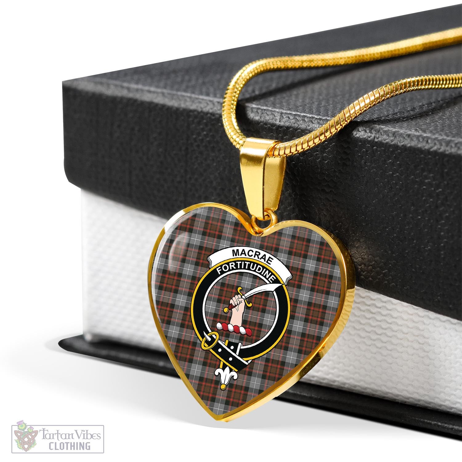 Tartan Vibes Clothing MacRae Hunting Weathered Tartan Heart Necklace with Family Crest