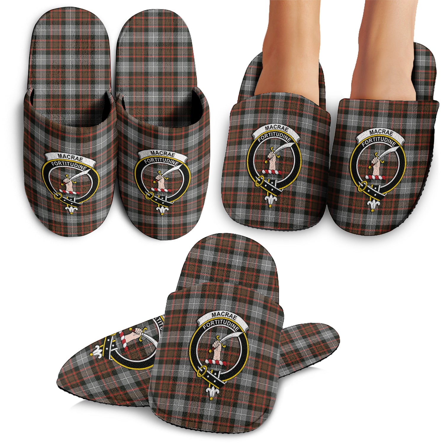 MacRae Hunting Weathered Tartan Home Slippers with Family Crest - Tartanvibesclothing