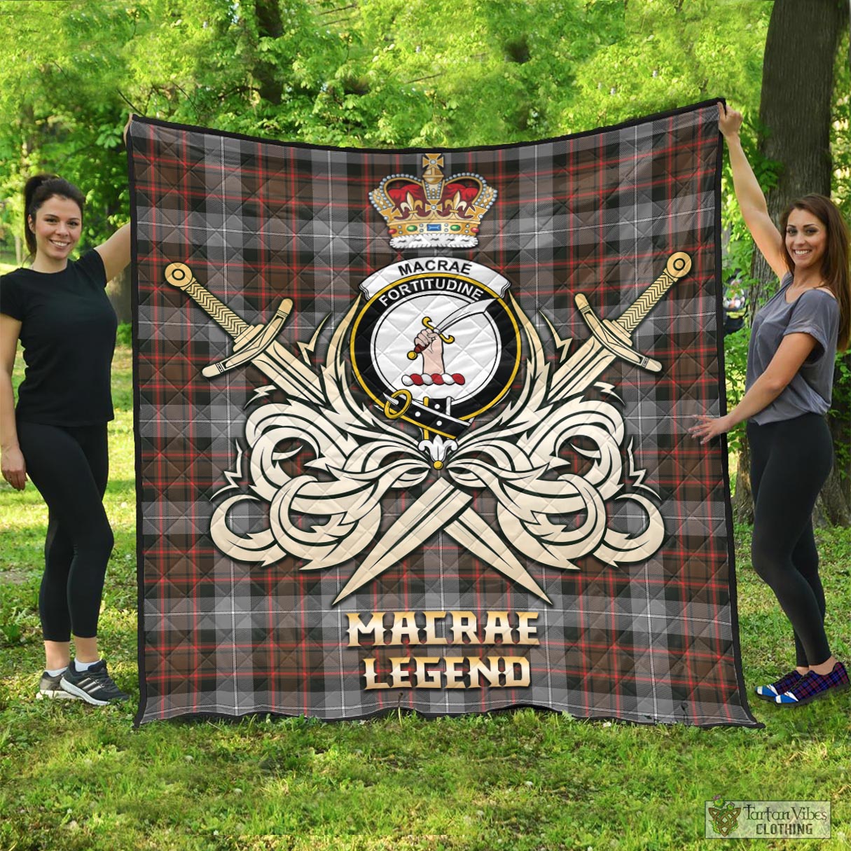 Tartan Vibes Clothing MacRae Hunting Weathered Tartan Quilt with Clan Crest and the Golden Sword of Courageous Legacy