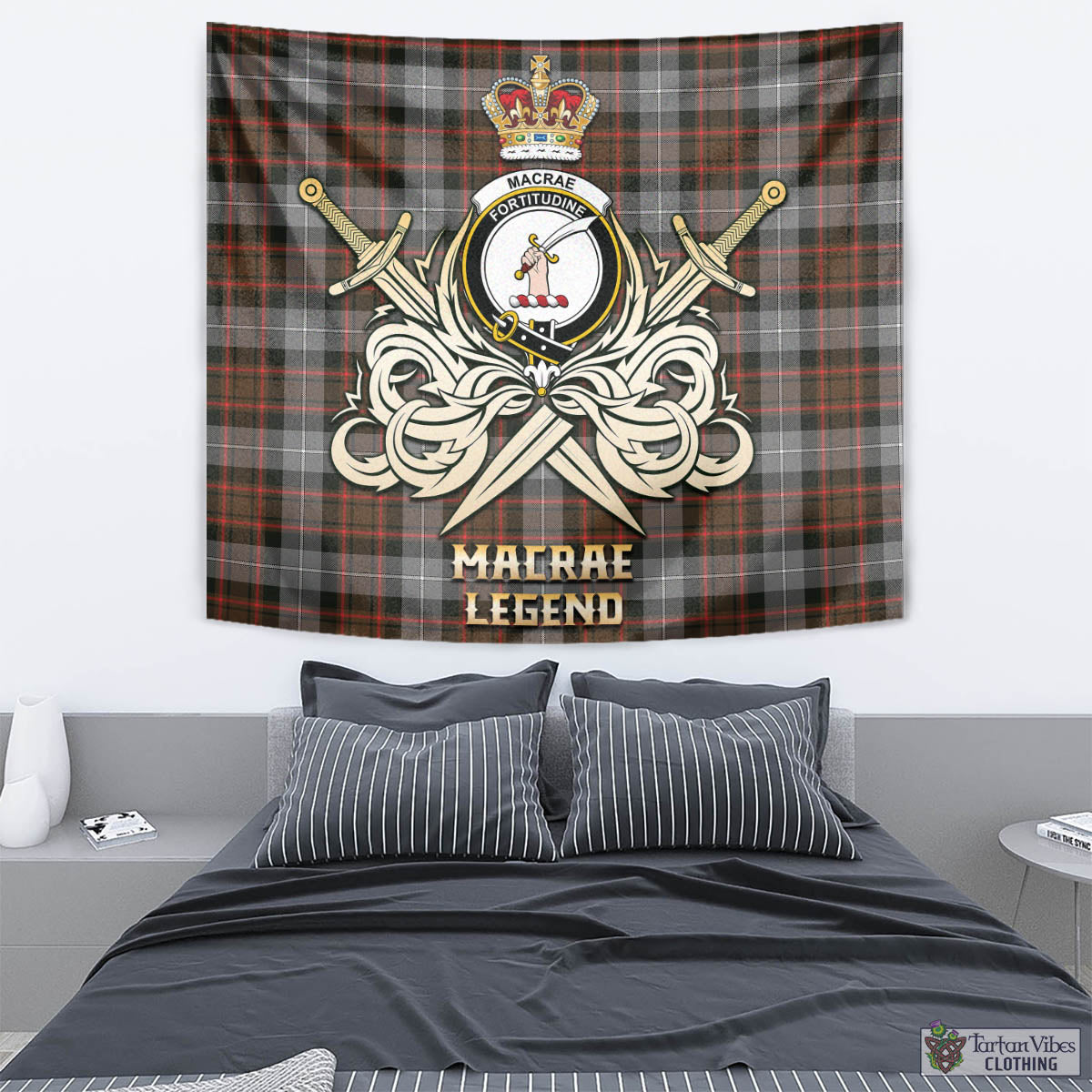 Tartan Vibes Clothing MacRae Hunting Weathered Tartan Tapestry with Clan Crest and the Golden Sword of Courageous Legacy