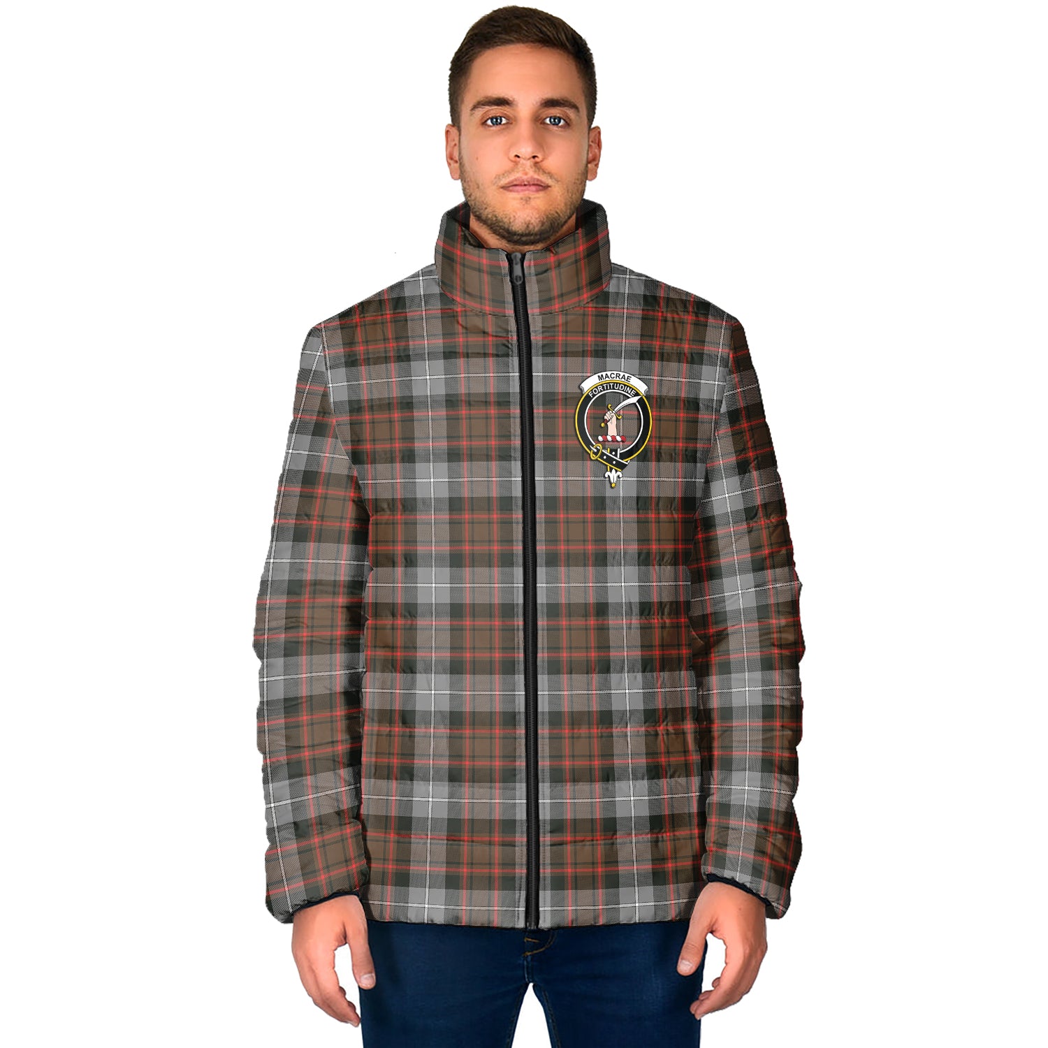 MacRae Hunting Weathered Tartan Padded Jacket with Family Crest - Tartan Vibes Clothing