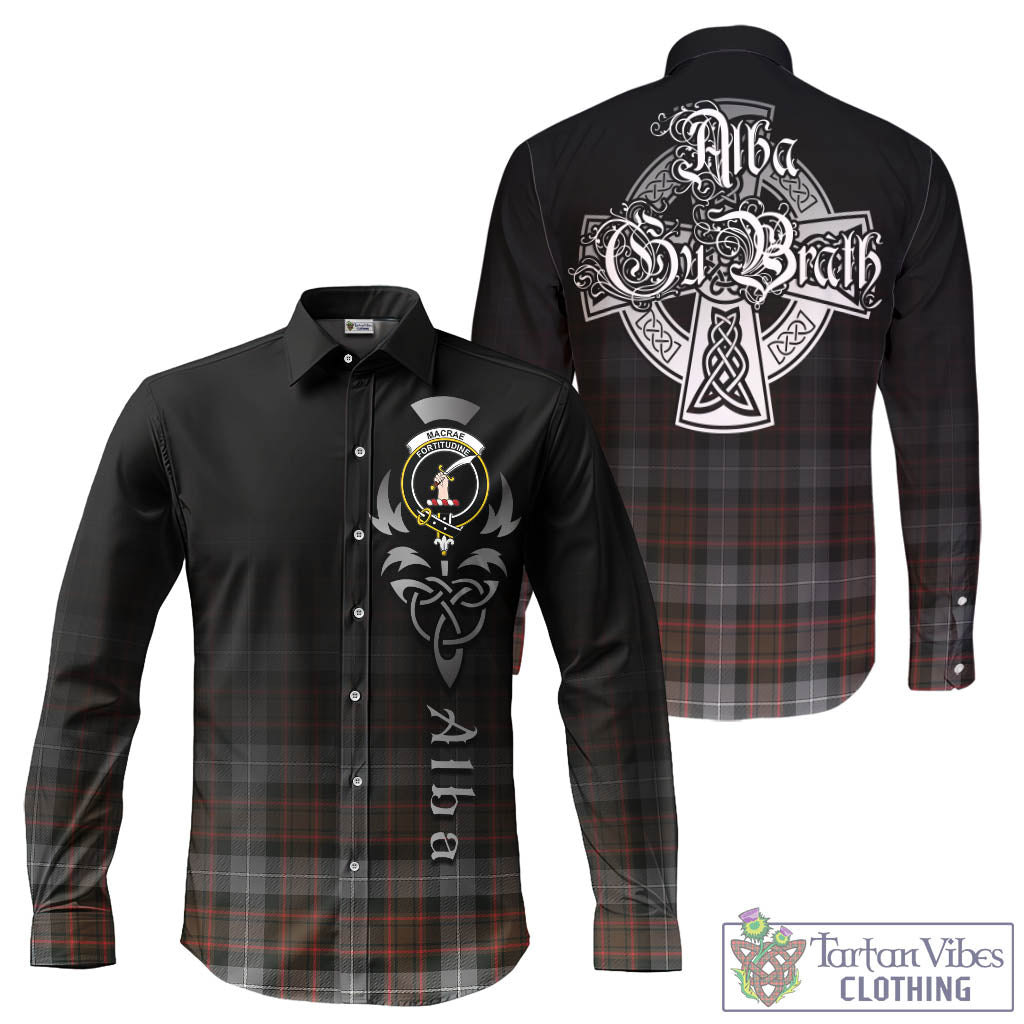 Tartan Vibes Clothing MacRae Hunting Weathered Tartan Long Sleeve Button Up Featuring Alba Gu Brath Family Crest Celtic Inspired