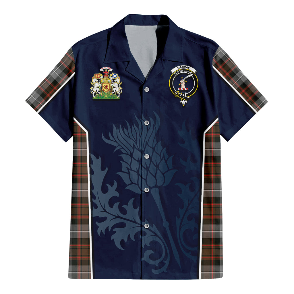 Tartan Vibes Clothing MacRae Hunting Weathered Tartan Short Sleeve Button Up Shirt with Family Crest and Scottish Thistle Vibes Sport Style