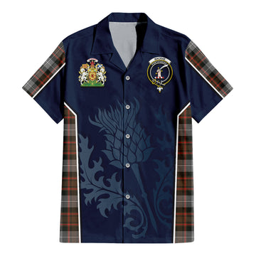 MacRae Hunting Weathered Tartan Short Sleeve Button Up Shirt with Family Crest and Scottish Thistle Vibes Sport Style