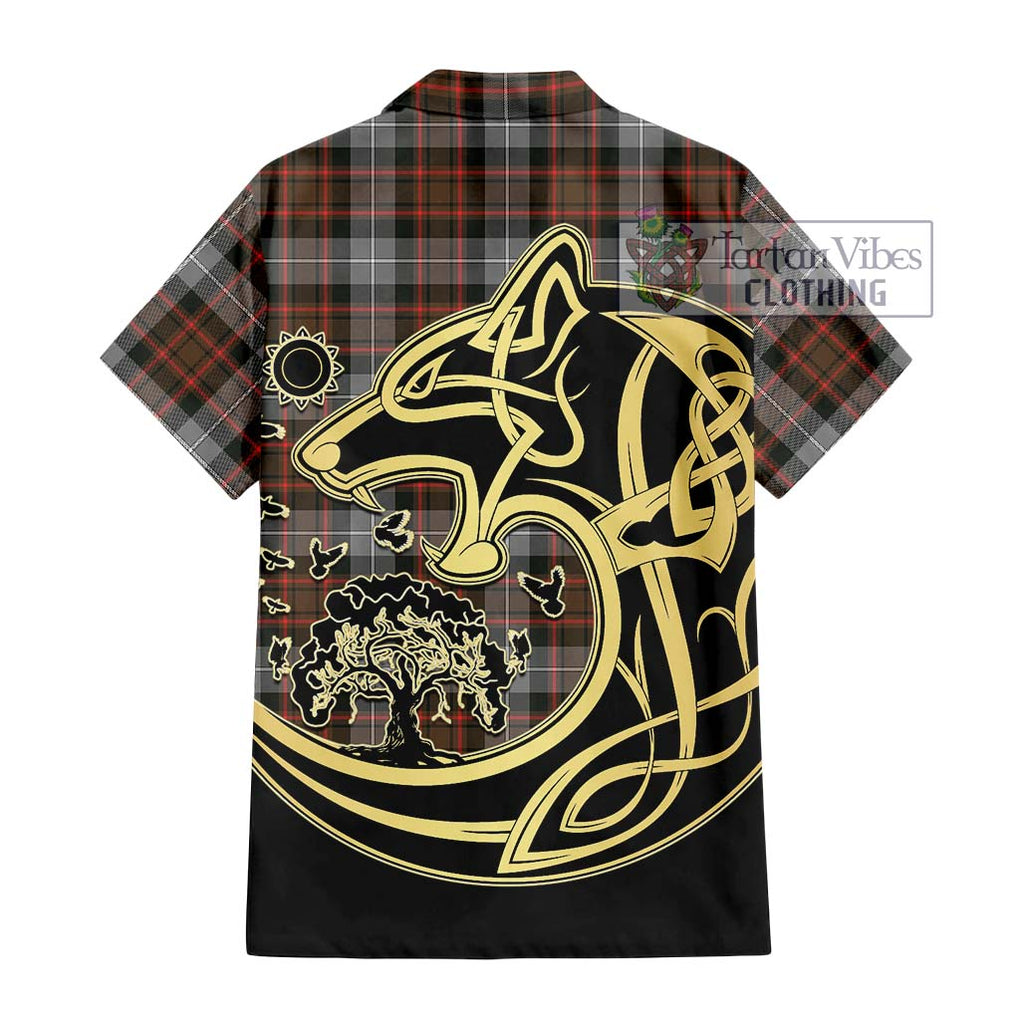 MacRae Hunting Weathered Tartan Short Sleeve Button Shirt with Family Crest Celtic Wolf Style - Tartan Vibes Clothing