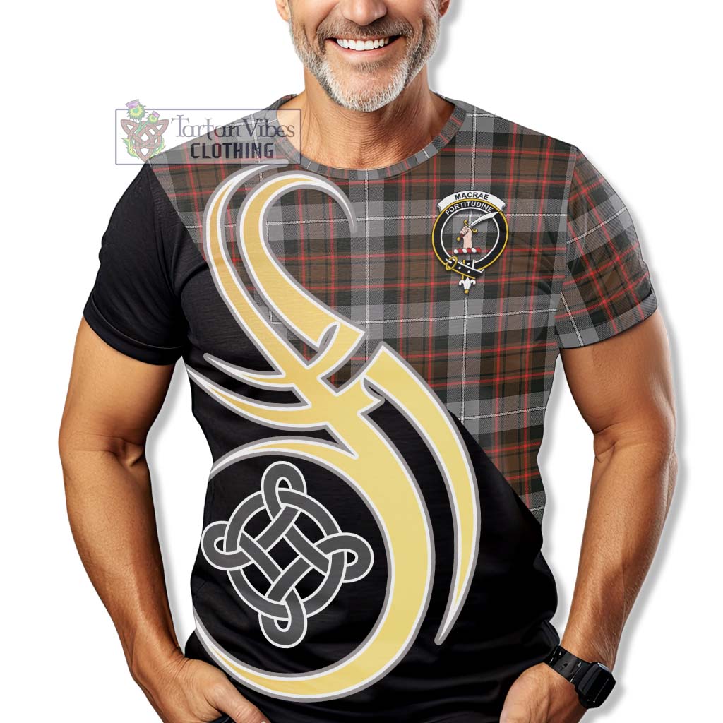 Tartan Vibes Clothing MacRae Hunting Weathered Tartan T-Shirt with Family Crest and Celtic Symbol Style