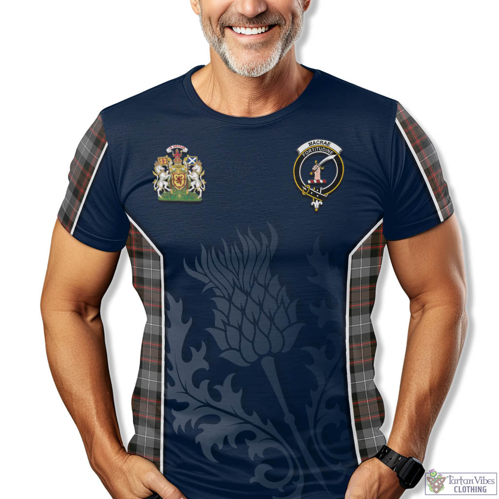 Tartan Vibes Clothing MacRae Hunting Weathered Tartan T-Shirt with Family Crest and Scottish Thistle Vibes Sport Style