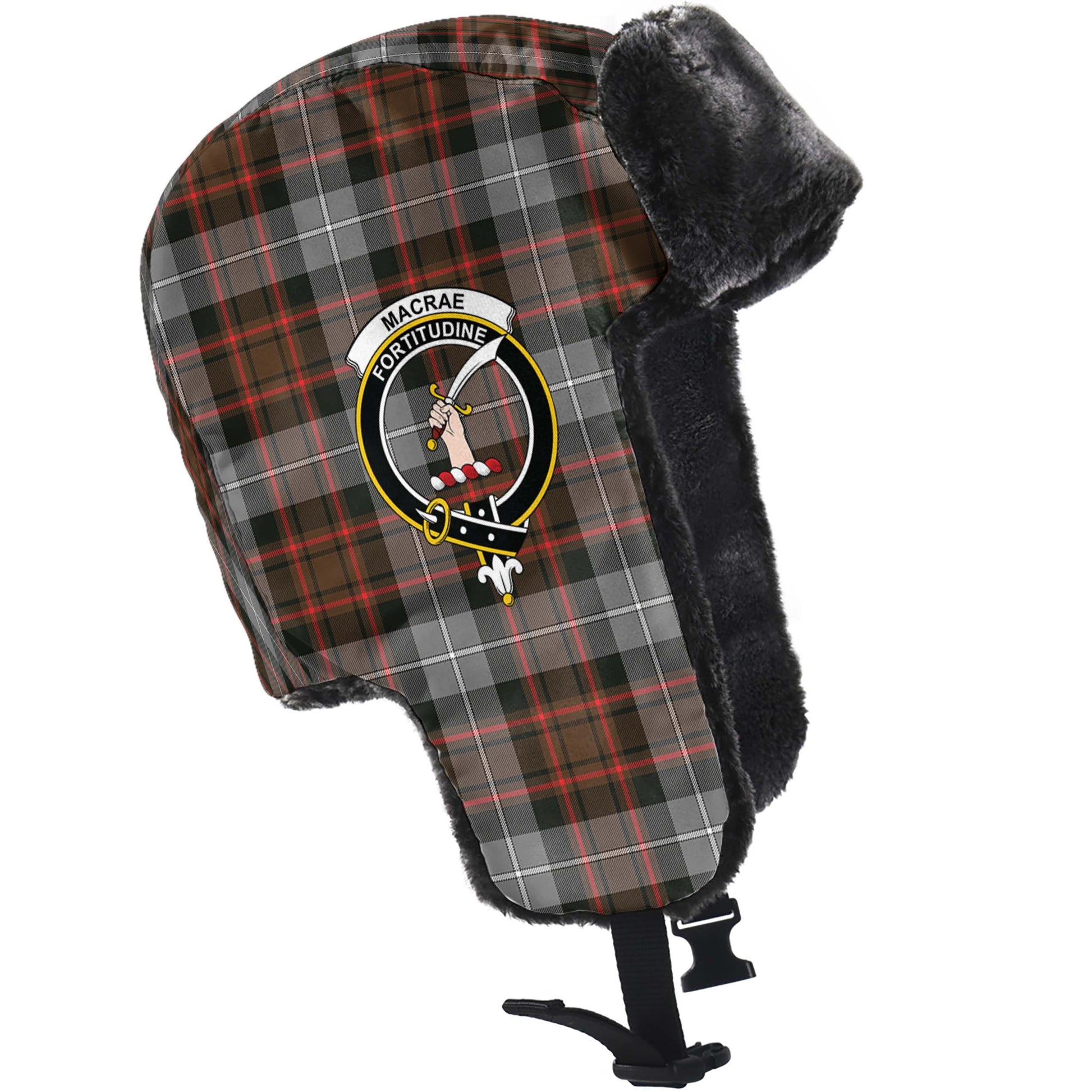 MacRae Hunting Weathered Tartan Winter Trapper Hat with Family Crest - Tartanvibesclothing